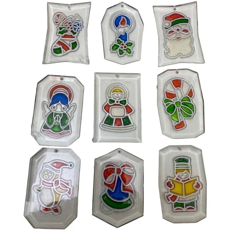 Vintage Christmas Ornaments Set of 9 Clear Plastic Retro Suncatchers